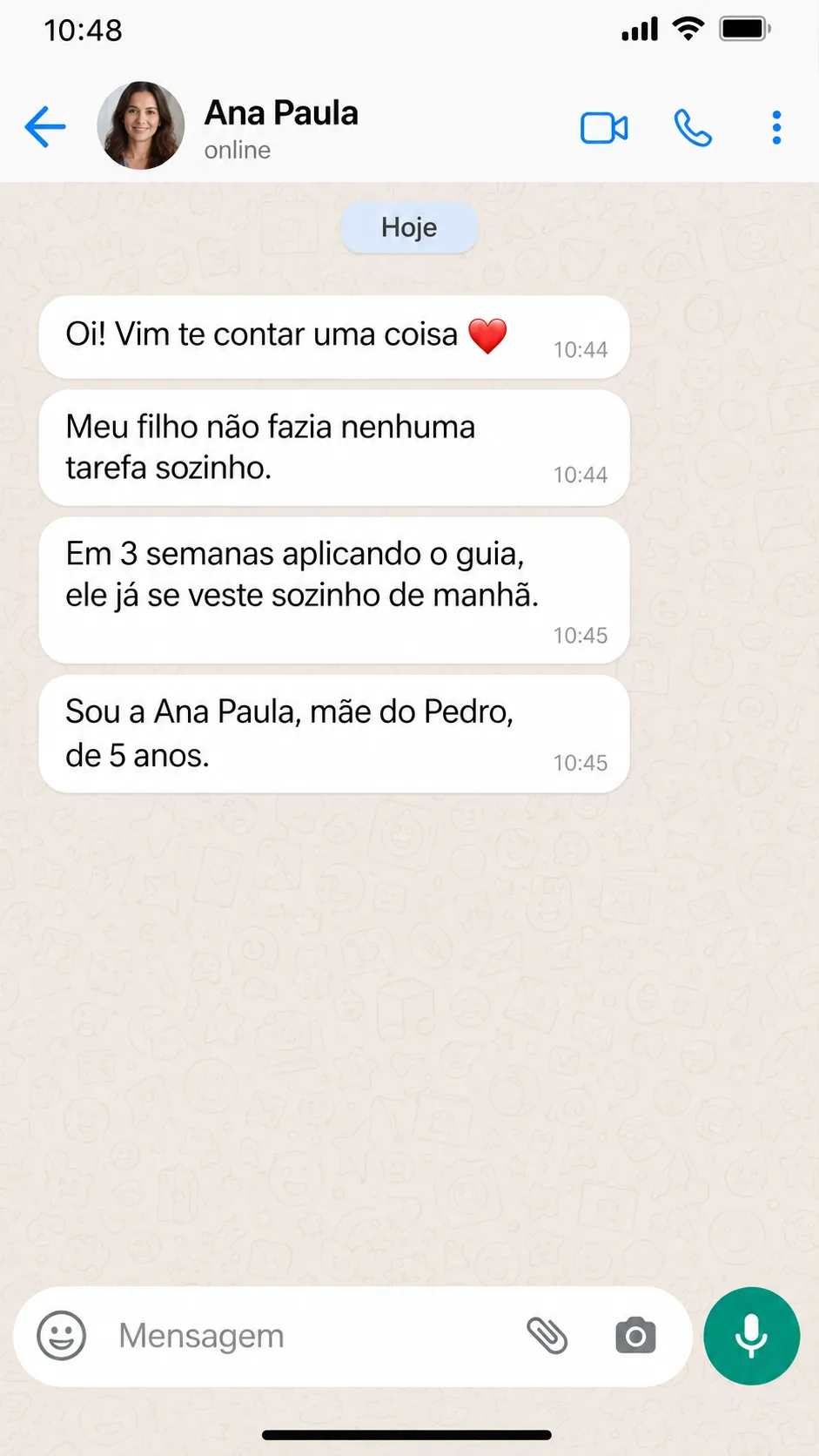 Print de WhatsApp do depoimento de Ana Paula, mãe do Pedro